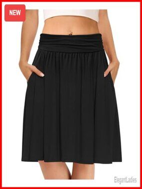 Women's Midi Skirt Knee Length Pleated High Waist A-Line Flowy with Pockets